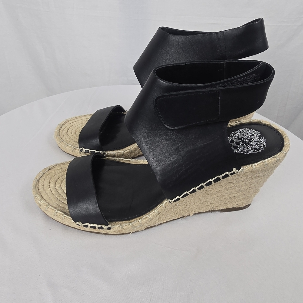 Vince Camuto Laminda Black Leather Espadrille Wedge Sandals Sz 9M - Picture 2 of 9